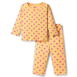 Babyhug Cotton Knit Full Sleeves T-Shirt & Pyjama Co-ord Night Suit With Heart Print - Yellow