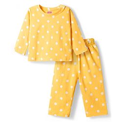 Babyhug Cotton Knit Full Sleeves T-Shirt & Pyjama Co-ord Night Suit With Polka Dot Print - Yellow