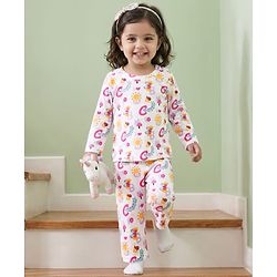 Babyhug Cotton Knit Full Sleeves T-Shirt & Pyjama Co-ord Night Suit With Ladybug & Caterpillar Print - White