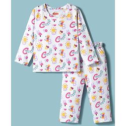 Babyhug Cotton Knit Full Sleeves T-Shirt & Pyjama Co-ord Night Suit With Ladybug & Caterpillar Print - White