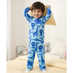 Babyhug Cotton Knit Full Sleeves T-Shirt & Pyjama Co-ord Night Suit With Animal Print - Blue