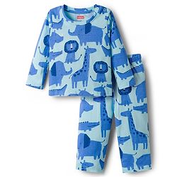 Babyhug Cotton Knit Full Sleeves T-Shirt & Pyjama Co-ord Night Suit With Animal Print - Blue