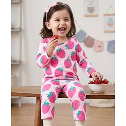 Babyhug Cotton Knit Full Sleeves T-Shirt & Pyjama Co-ord Night Suit With Strawberry Print - Pink