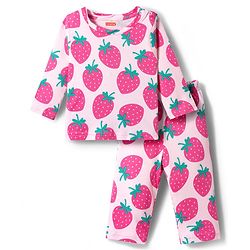 Babyhug Cotton Knit Full Sleeves T-Shirt & Pyjama Co-ord Night Suit With Strawberry Print - Pink