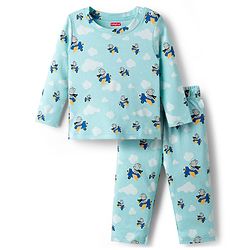 Babyhug Cotton Knit Full Sleeves T-Shirt & Pyjama Co-ord Night Suit With Teddy Bear Print - Aqua