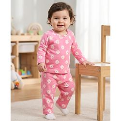 Babyhug Cotton Knit Full Sleeves T-Shirt & Pyjama Co-ord Night Suit With Floral Print - Pink