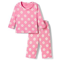 Babyhug Cotton Knit Full Sleeves T-Shirt & Pyjama Co-ord Night Suit With Floral Print - Pink