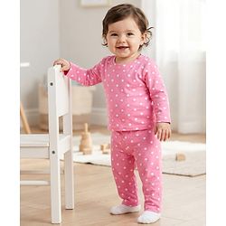 Babyhug Cotton Knit Full Sleeves T-Shirt & Pyjama Co-ord Night Suit With Polka Dot Print - Pink