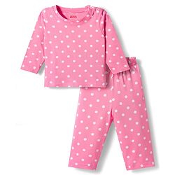 Babyhug Cotton Knit Full Sleeves T-Shirt & Pyjama Co-ord Night Suit With Polka Dot Print - Pink