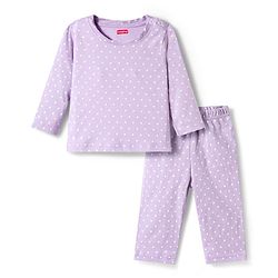 Babyhug Cotton Knit Full Sleeves T-Shirt & Pyjama Co-ord Night Suit With Polka Dot Print - Lilac