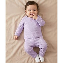 Babyhug Cotton Knit Full Sleeves T-Shirt & Pyjama Co-ord Night Suit With Polka Dot Print - Lilac