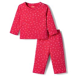 Babyhug Cotton Knit Full Sleeves T-Shirt & Pyjama Co-ord Night Suit With Shapes Print - Red