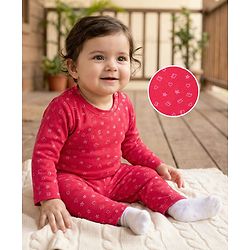 Babyhug Cotton Knit Full Sleeves T-Shirt & Pyjama Co-ord Night Suit With Shapes Print - Red