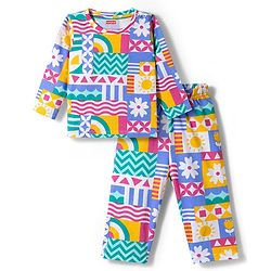 Babyhug Cotton Knit Full Sleeves Printed T-Shirt & Pyjama Co-ord Night Suit - Multicolor