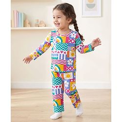 Babyhug Cotton Knit Full Sleeves Printed T-Shirt & Pyjama Co-ord Night Suit - Multicolor