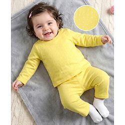 Babyhug Cotton Knit Full Sleeves T-Shirt & Pyjama Co-ord Night Suit With Polka Dot Print - Yellow