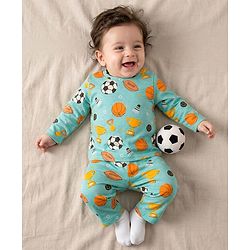 Babyhug Cotton Knit Full Sleeves Co-ords Night Suit With Football Print - Teal Blue