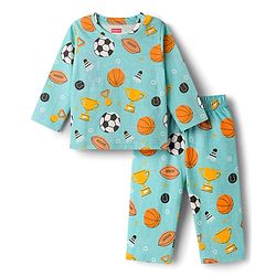 Babyhug Cotton Knit Full Sleeves Co-ords Night Suit With Football Print - Teal Blue