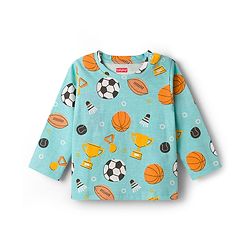 Babyhug Cotton Knit Full Sleeves Co-ords Night Suit With Football Print - Teal Blue