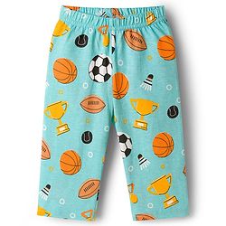 Babyhug Cotton Knit Full Sleeves Co-ords Night Suit With Football Print - Teal Blue