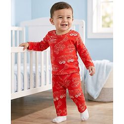Babyhug Cotton Knit Full Sleeves Co-ords Night Suit With Vehicle Print - Red