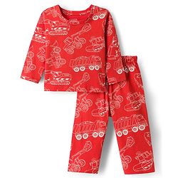 Babyhug Cotton Knit Full Sleeves Co-ords Night Suit With Vehicle Print - Red