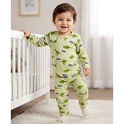 Babyhug Cotton Knit Full Sleeves Co-ords Night Suit With Dino Print - Light Green