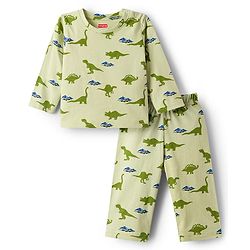 Babyhug Cotton Knit Full Sleeves Co-ords Night Suit With Dino Print - Light Green