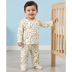 Babyhug Cotton Knit Full Sleeves Co-ords Night Suit With Jungle Theme Print - White