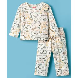 Babyhug Cotton Knit Full Sleeves Co-ords Night Suit With Jungle Theme Print - White