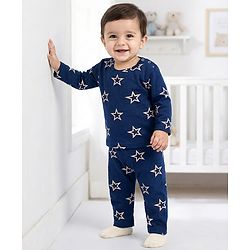 Babyhug Cotton Knit Full Sleeves Co-ords Night Suit With Star Print - Navy Blue