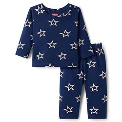 Babyhug Cotton Knit Full Sleeves Co-ords Night Suit With Star Print - Navy Blue