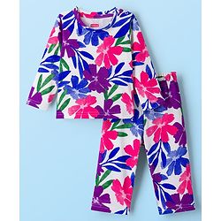 Babyhug Cotton Knit Full Sleeves Co-ords Night Suit With Floral Print - Blue