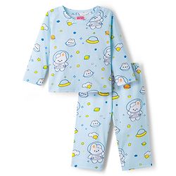 Babyhug Cotton Knit Full Sleeves Co-ords Night Suit With Bunny Print - Light Blue