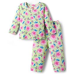 Babyhug Cotton Knit Full Sleeves T-Shirt & Pyjama Co-ord Night Suit With Floral Print - Light Green