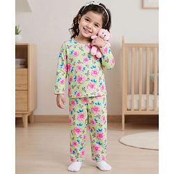 Babyhug Cotton Knit Full Sleeves T-Shirt & Pyjama Co-ord Night Suit With Floral Print - Light Green