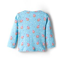 Babyhug Cotton Knit Full Sleeves T-Shirt & Pyjama Co-ord Night Suit With Cupcake Print - Light Blue