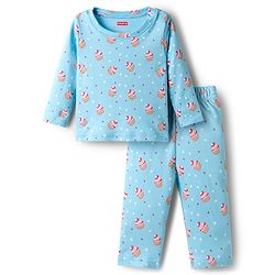 Babyhug Cotton Knit Full Sleeves T-Shirt & Pyjama Co-ord Night Suit With Cupcake Print - Light Blue
