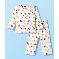 Babyhug Cotton Knit Full Sleeves T-Shirt & Pyjama Co-ord Night Suit With Floral & Butterfly Print - White