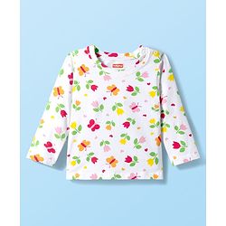 Babyhug Cotton Knit Full Sleeves T-Shirt & Pyjama Co-ord Night Suit With Floral & Butterfly Print - White