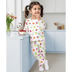 Babyhug Cotton Knit Full Sleeves T-Shirt & Pyjama Co-ord Night Suit With Floral & Butterfly Print - White
