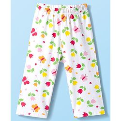 Babyhug Cotton Knit Full Sleeves T-Shirt & Pyjama Co-ord Night Suit With Floral & Butterfly Print - White