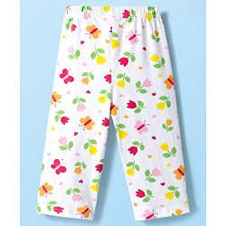 Babyhug Cotton Knit Full Sleeves T-Shirt & Pyjama Co-ord Night Suit With Floral & Butterfly Print - White