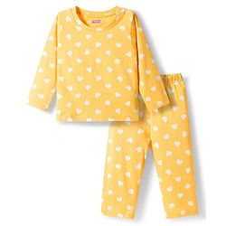 Babyhug Cotton Knit Full Sleeves T-Shirt & Pyjama Co-ord Night Suit With Heart Print - Yellow