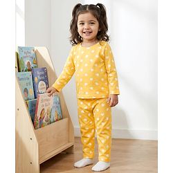 Babyhug Cotton Knit Full Sleeves T-Shirt & Pyjama Co-ord Night Suit With Heart Print - Yellow