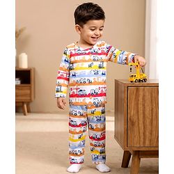 Babyhug Cotton Knit Full Sleeves T-Shirt & Pyjama Co-ord Night Suit With Vehicle Print - White