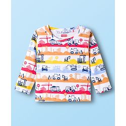 Babyhug Cotton Knit Full Sleeves T-Shirt & Pyjama Co-ord Night Suit With Vehicle Print - White