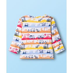 Babyhug Cotton Knit Full Sleeves T-Shirt & Pyjama Co-ord Night Suit With Vehicle Print - White