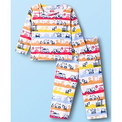 Babyhug Cotton Knit Full Sleeves T-Shirt & Pyjama Co-ord Night Suit With Vehicle Print - White