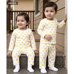 Babyhug Cotton Knit Full Sleeves T-Shirt & Pyjama Co-ord Night Suit With Sun Print - White